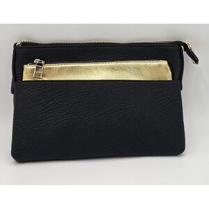 Madison West Black Faux Leather Crossbody Purse with Separate Gold Cosmetic Bag